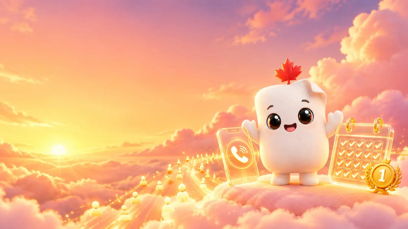 La mascotte de Première Page célèbre devant un téléphone qui sonne, un agenda rempli de crochets et un badge numéro 1, avec des clients qui arrivent