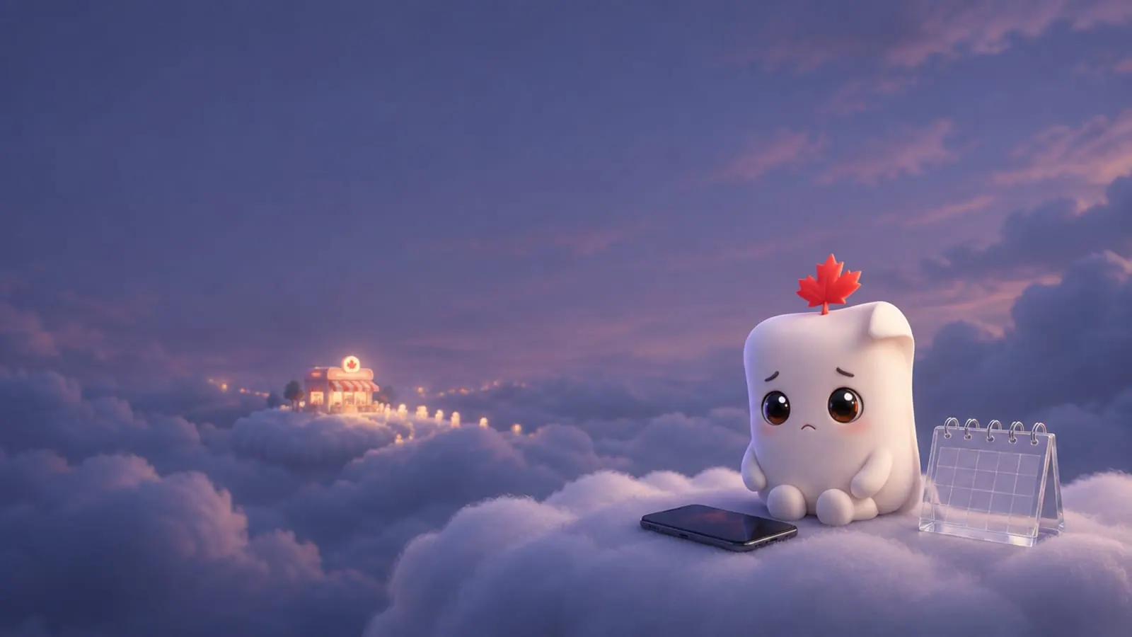 La mascotte de Première Page, seule sur un nuage, devant un téléphone silencieux et un agenda vide, pendant qu’un concurrent au loin reçoit des clients
