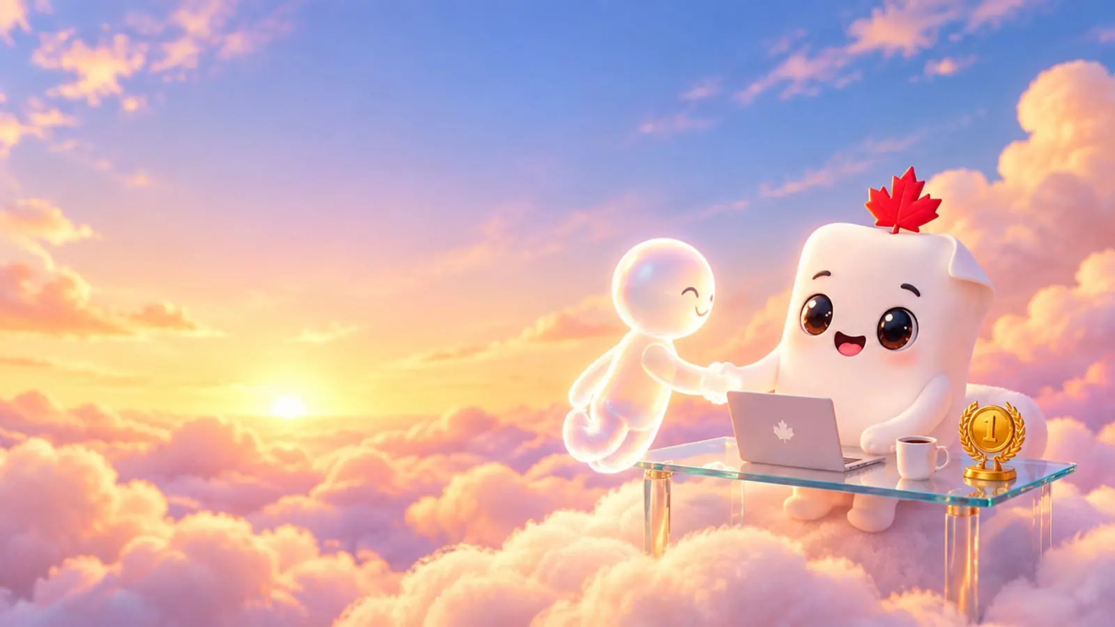 La mascotte de Première Page, à son bureau, serre la main d’un client au lever du soleil