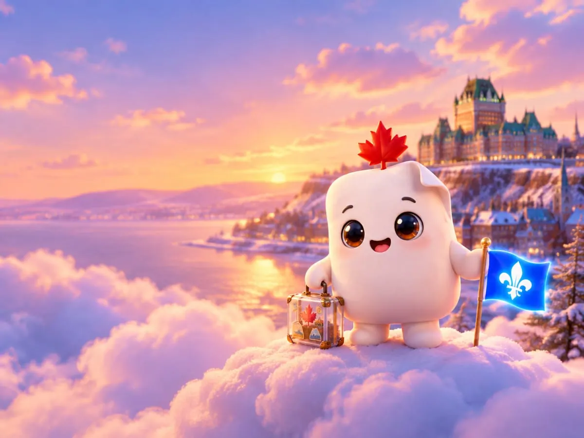 La mascotte de Première Page arrive avec une valise face à un paysage québécois, un drapeau à la fleur de lys planté à côté