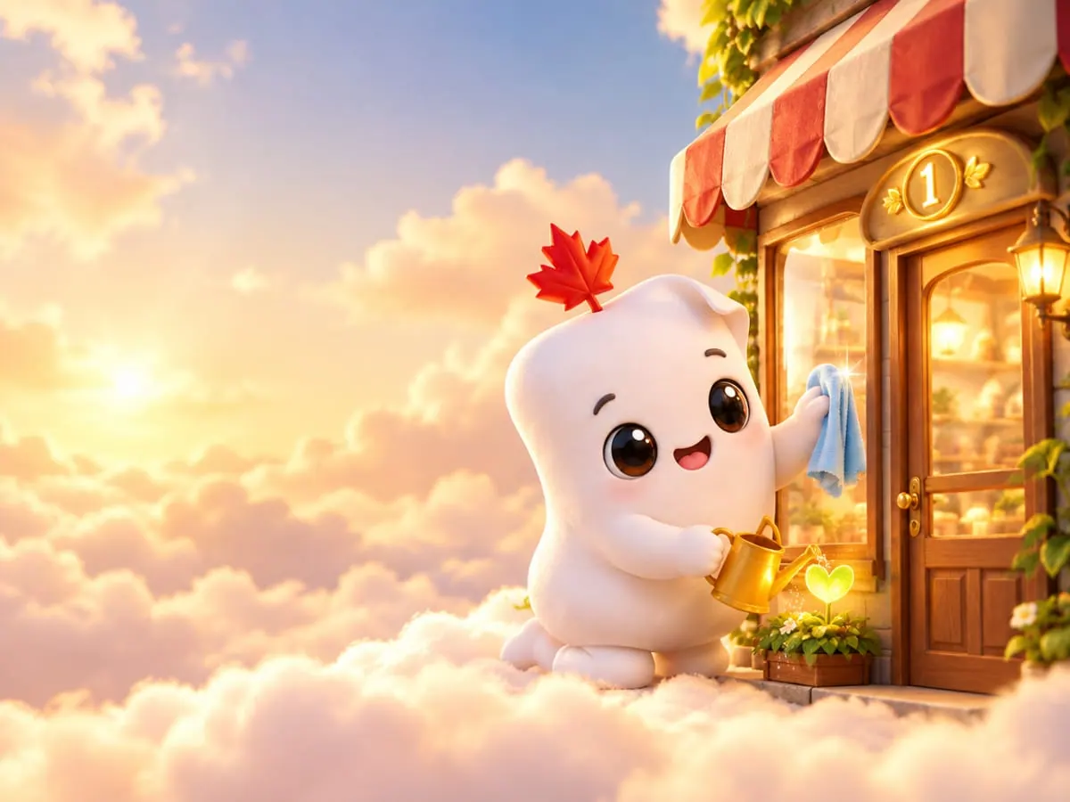 La mascotte de Première Page astique la vitrine d’une petite boutique et arrose une plante à sa porte : le soin apporté à chaque site