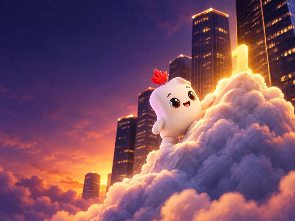 La mascotte de Première Page atteint le sommet d’une montagne de nuages, entourée de tours bien plus grandes : les grands concurrents
