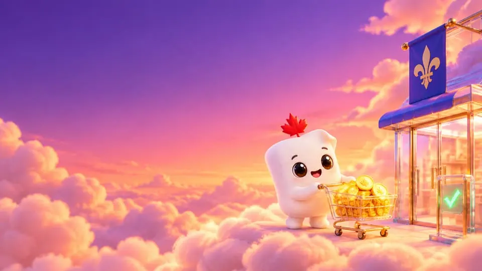 La mascotte de Première Page pousse un panier de pièces d’or vers une boutique arborant une fleur de lys et un crochet vert